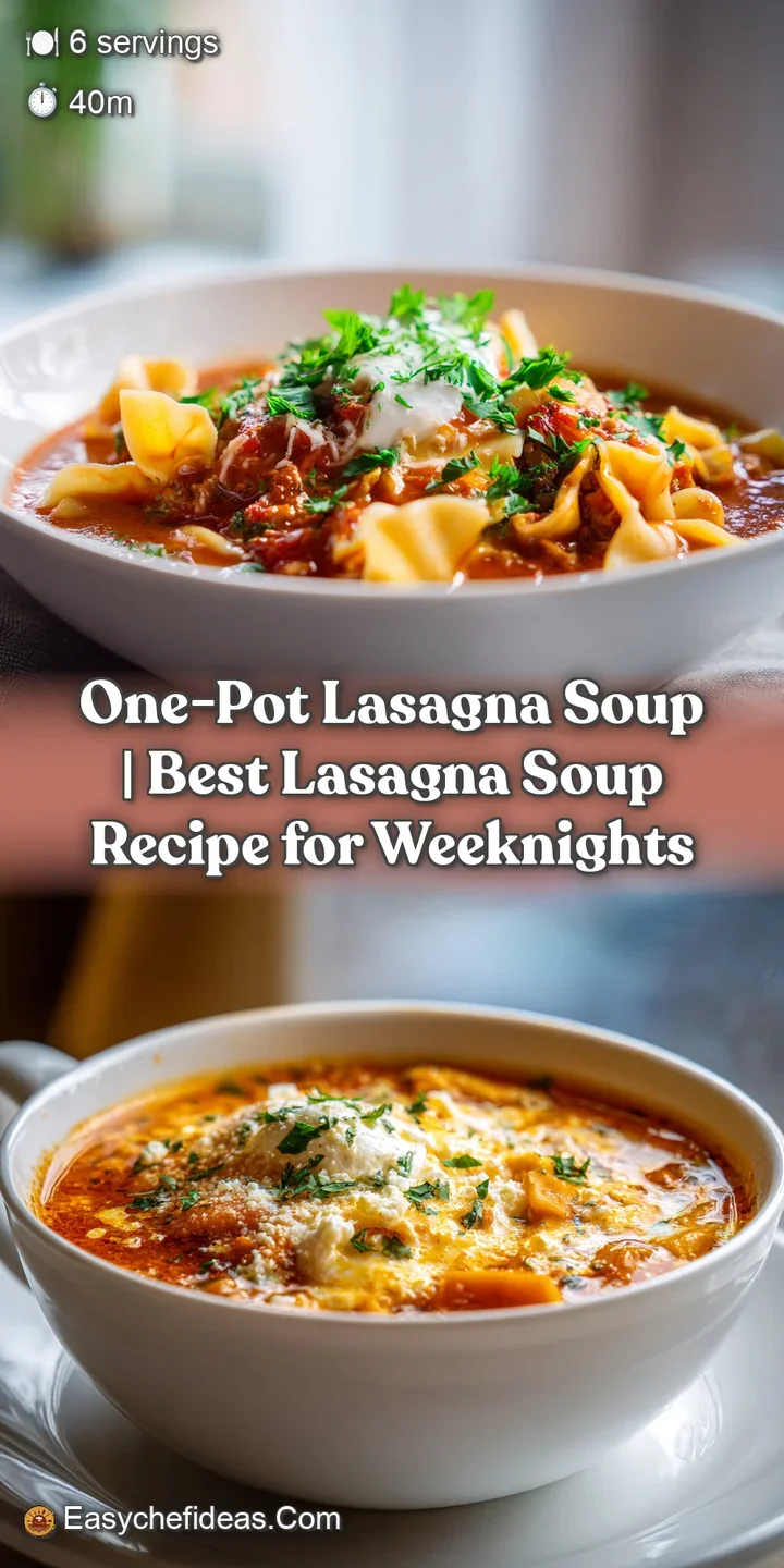 Close-up of bubbling lasagna soup with thick noodles, savory meat sauce, and melted mozzarella.