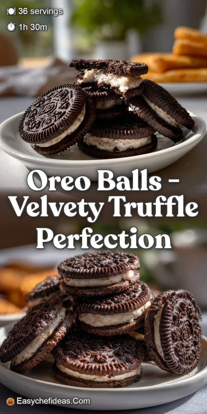 Close-up of a smooth, dark chocolate truffle with visible Oreo cookie bits, showcasing a rich, velvety texture, and delect...