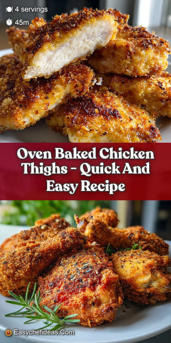 Close-up of a perfectly baked chicken thigh; the browned, textured skin hints at a satisfyingly crispy bite. Herbs provide...