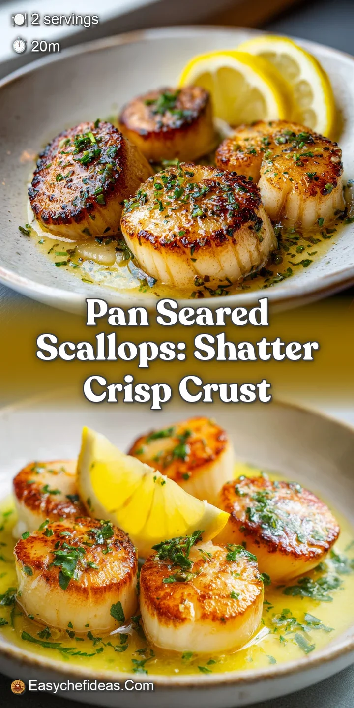 Appetizing close-up of a perfectly seared scallop, showing its caramelized crust and tender, opaque interior, glistening w...