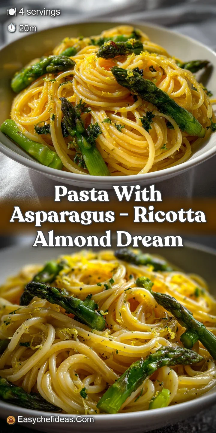 Close-up of pasta. Tender green asparagus and pasta coated in a creamy sauce. Toasted almonds offer a textural contrast, p...