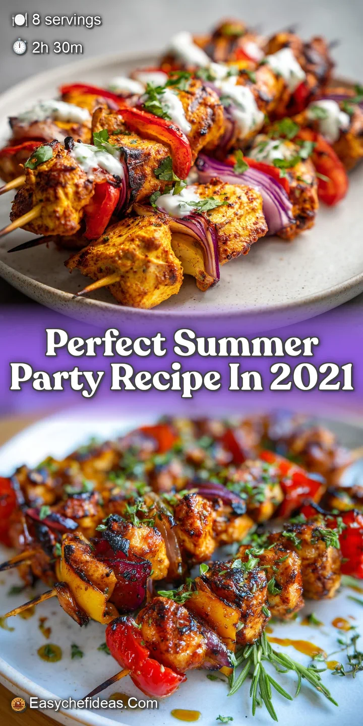 Close-up of a glistening grilled chicken skewer showing the char marks and juicy texture, threaded with colorful peppers a...