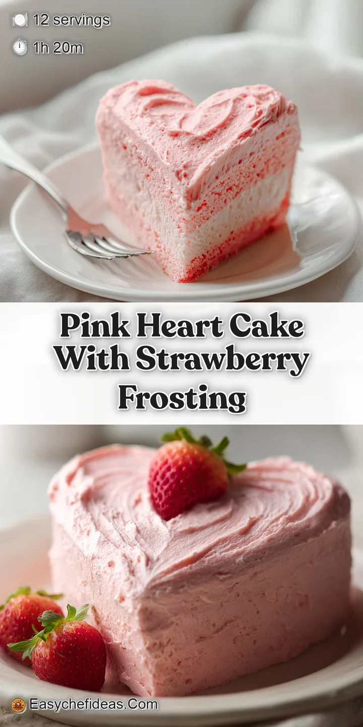 Close-up: Strawberry frosting on a heart-shaped cake, vibrant pink hues, tempting texture, ready to enjoy.