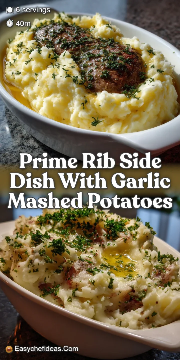 Close-up of juicy, medium-rare prime rib, glistening with rendered fat. Creamy mashed potatoes with visible garlic flecks ...