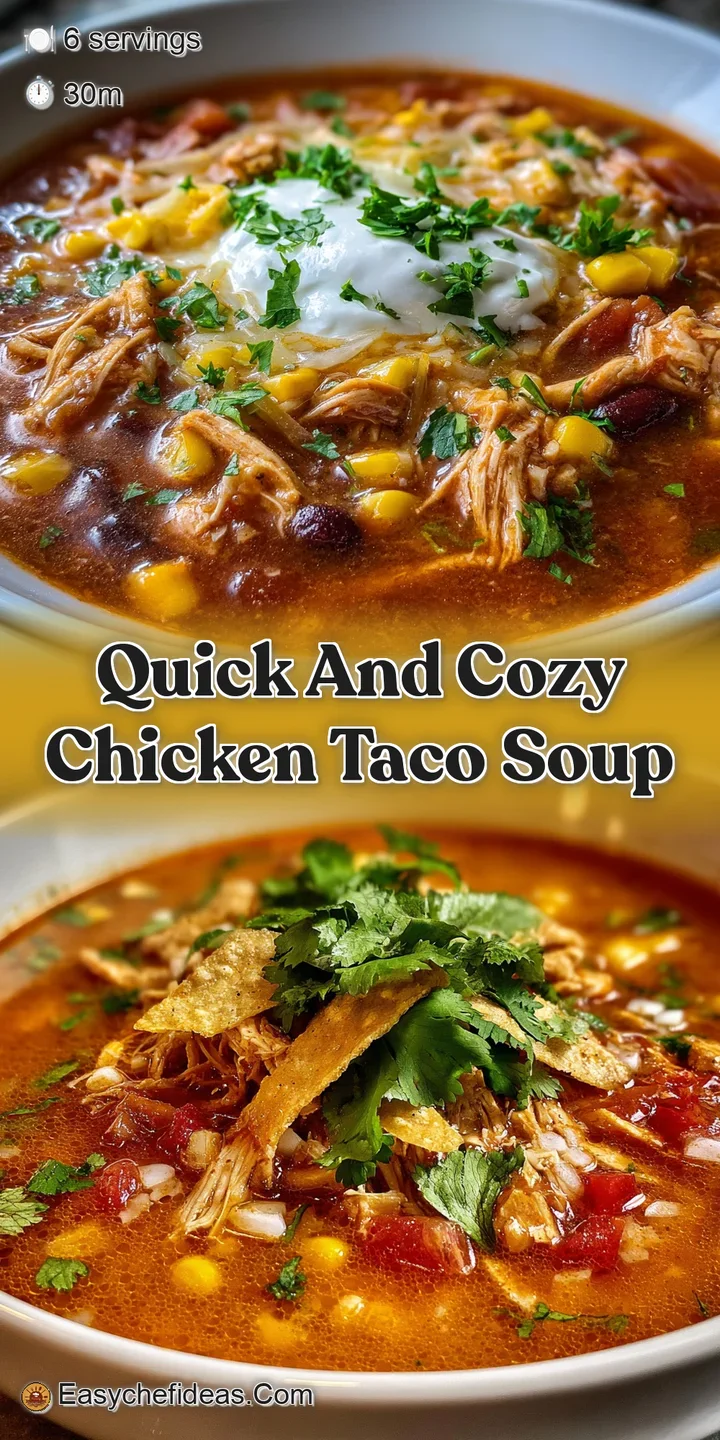 Close-up of steamy chicken taco soup; visible shredded chicken, soft beans, corn, and melting cheese create an inviting, c...