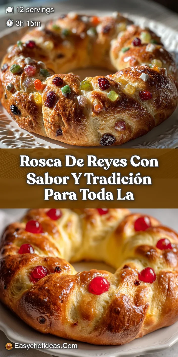Close-up capturing the glistening candied oranges and figs atop a freshly baked Rosca de Reyes, hinting at the sweet, citr...