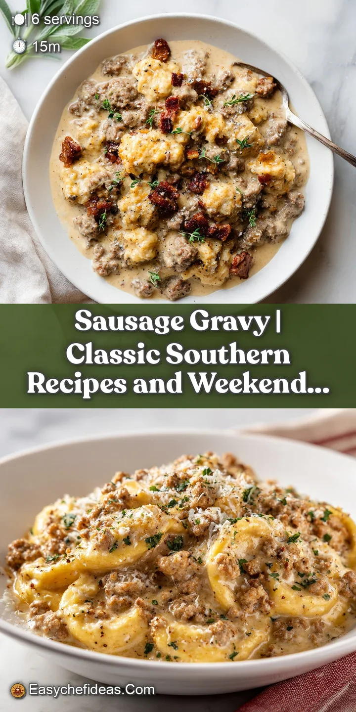 Close-up of velvety sausage gravy, its smooth texture contrasting with visible chunks of seasoned meat.