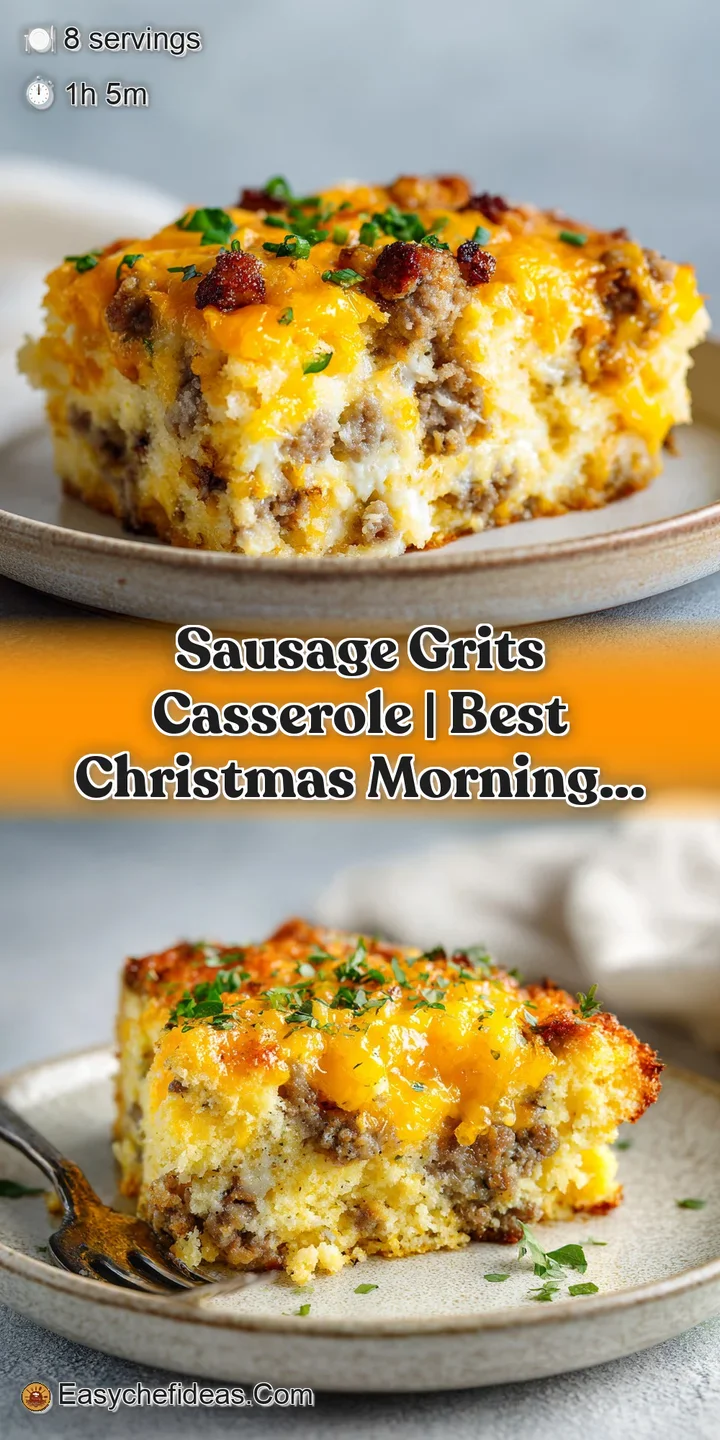 Close-up of creamy, steamy grits studded with savory sausage pieces and melted cheddar.