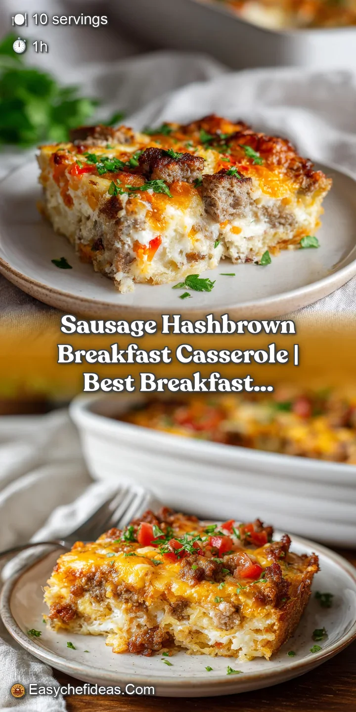 Close-up of warm breakfast casserole. Fluffy eggs, browned sausage, and golden hashbrowns create a hearty, appealing image.