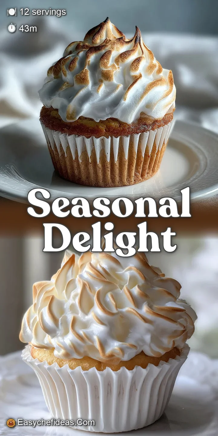 Close-up of a meringue-frosted cupcake, showing the airy texture of the cake and the glossy, slightly browned meringue top...
