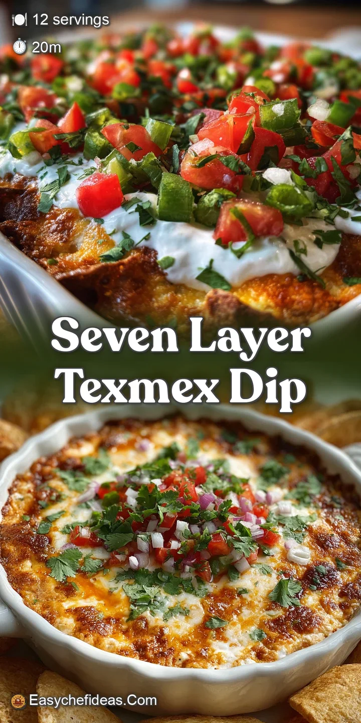 Close-up of a seven-layer dip, featuring creamy layers of guacamole, sour cream, and melted cheese, topped with colorful s...