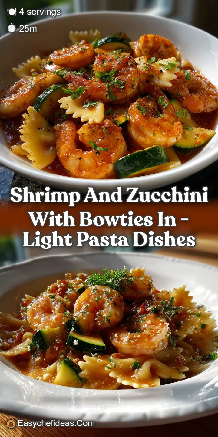 Vibrant shrimp and zucchini pasta. Bowtie pasta coated in a light sauce with bright green zucchini and pink shrimp. A fres...