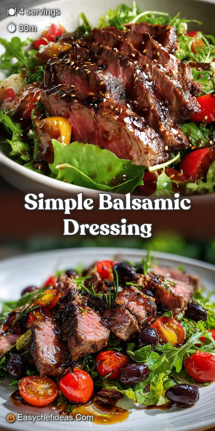 Close-up: juicy steak slices glisten with balsamic. Fresh greens and pops of bright red tomato complete this inviting stea...