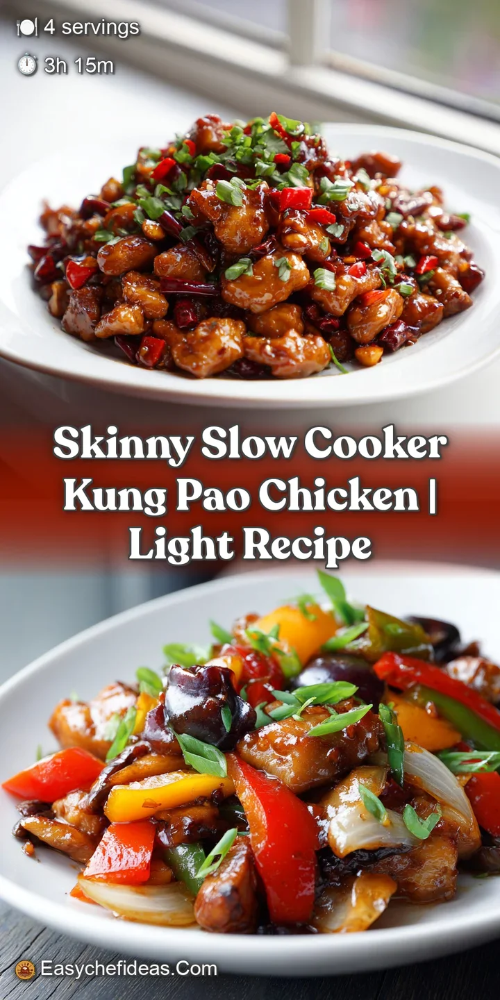 Appetizing close-up of tender chicken pieces and vibrant red bell peppers coated in a thick, glossy Kung Pao sauce. Steami...