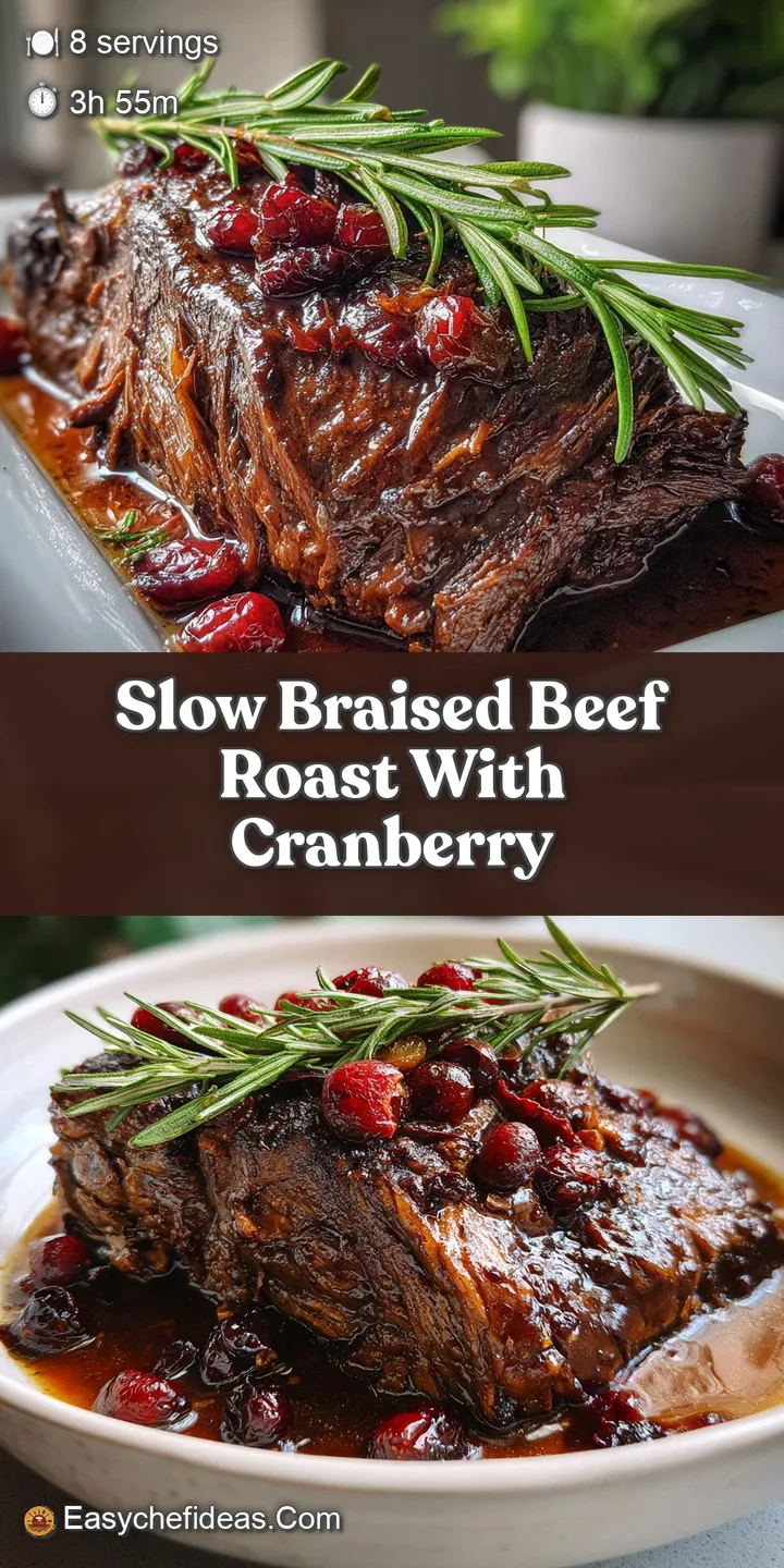 Close-up reveals the glistening, sticky glaze on juicy shredded beef roast. Hints of cranberries and aromatic herbs are vi...