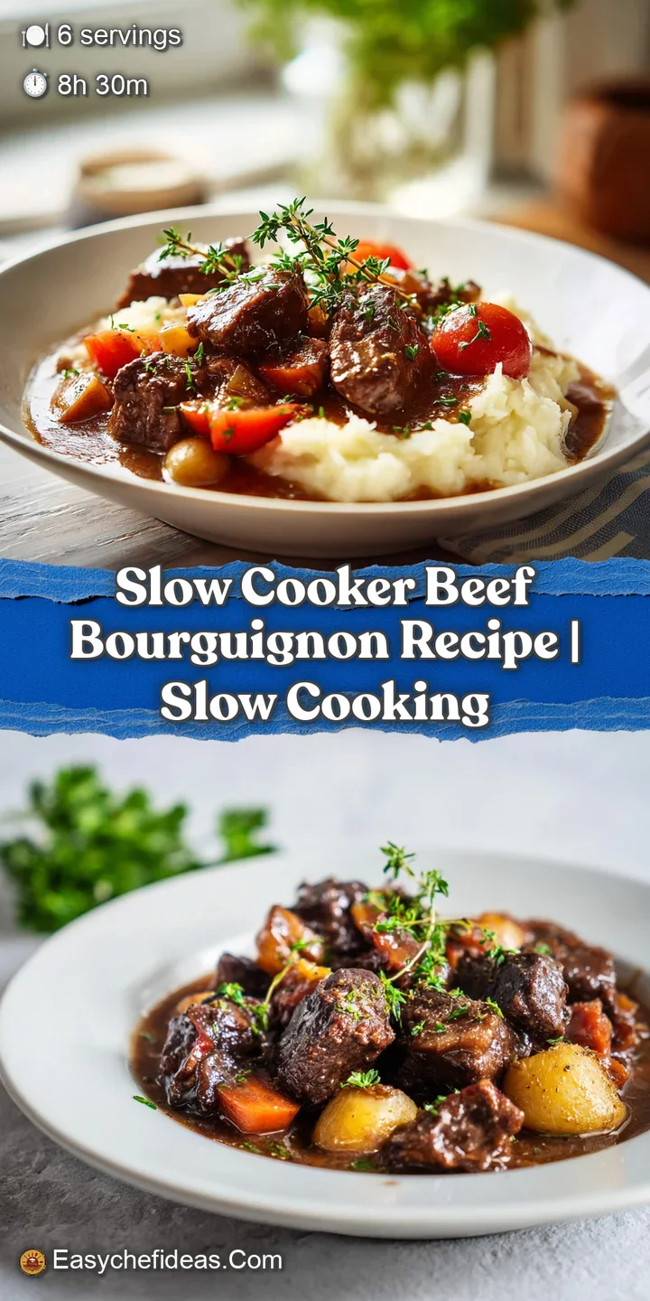 Close-up of simmered beef bourguignon featuring tender chunks of beef, soft carrots, and sauteed mushrooms in a deep, rich...