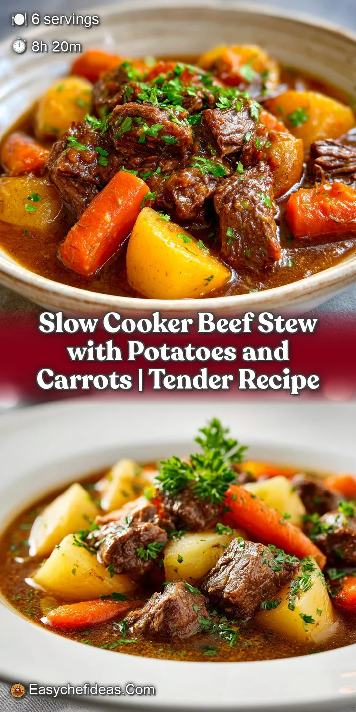 Close-up captures the rustic charm of beef stew: tender meat, colorful carrots, and soft potatoes glistening in a savory b...
