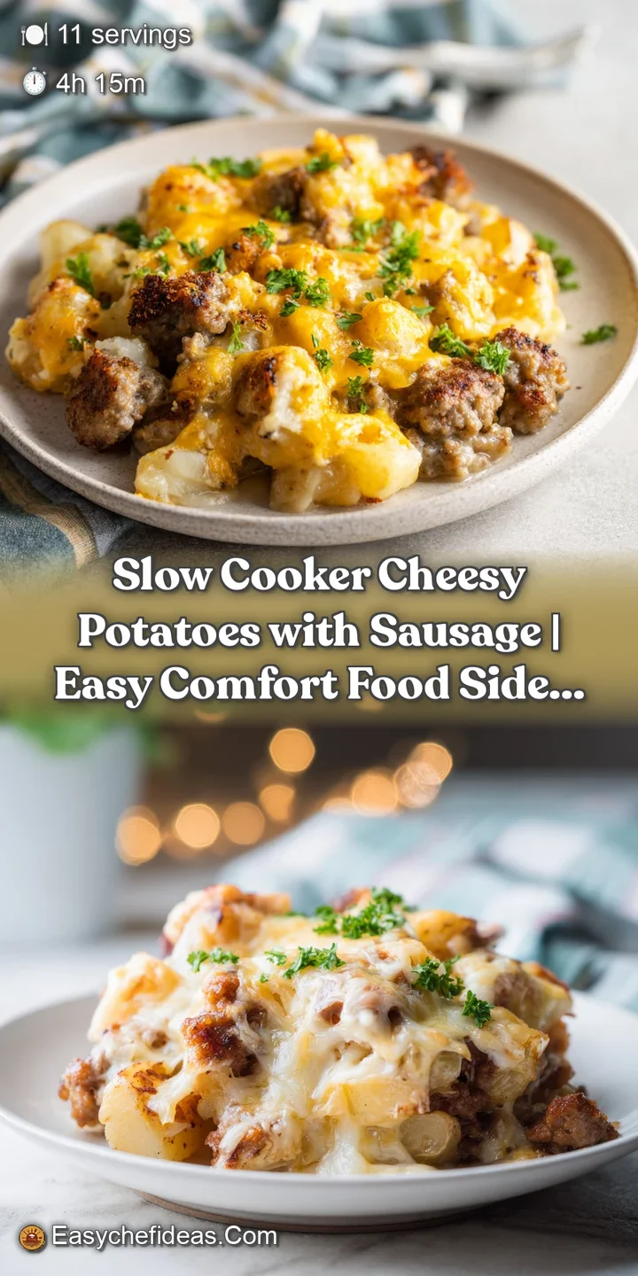 Close-up of tender, creamy potatoes with streaks of browned sausage and melted cheese.