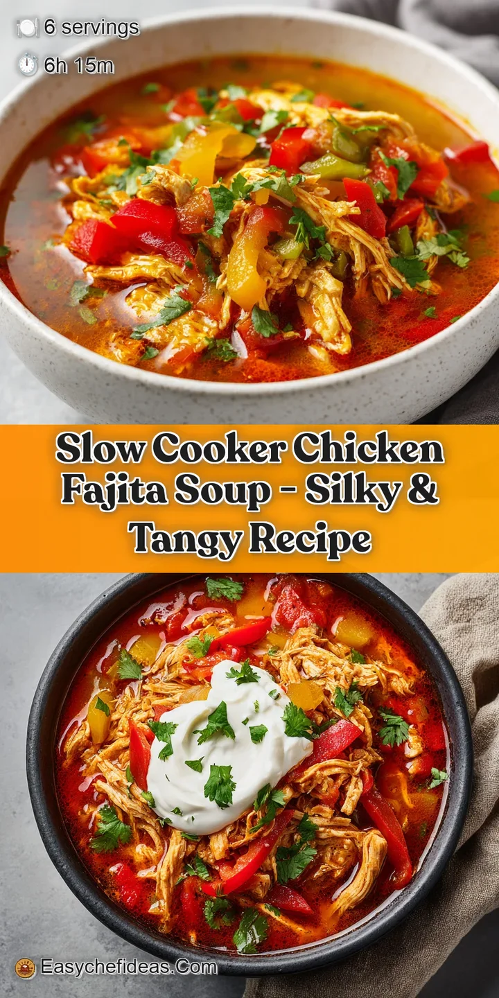 Close-up of chicken fajita soup showing tender chicken, soft peppers, and creamy broth. Hints of spice and fresh toppings ...