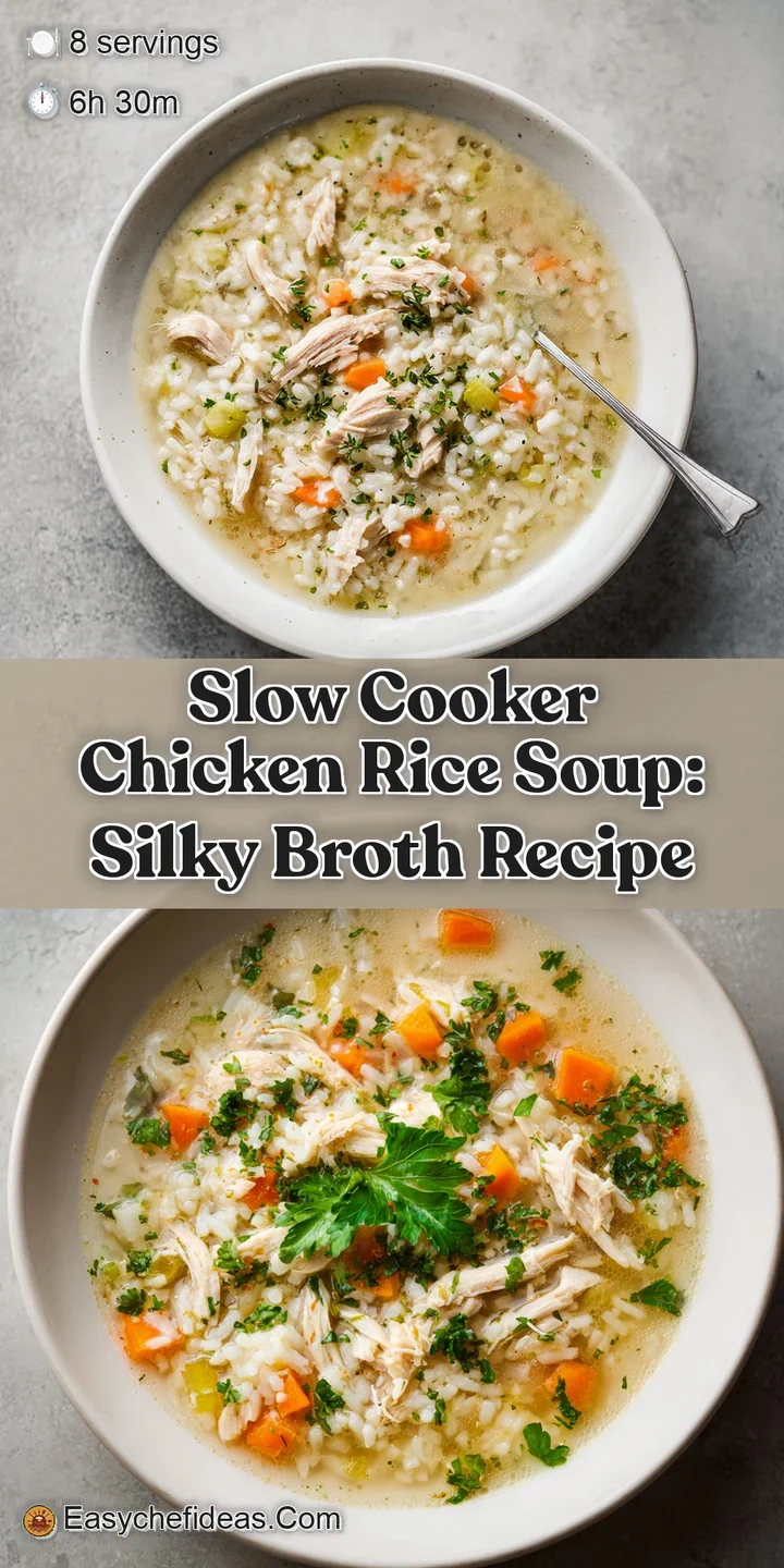 Close-up of flavorful chicken rice soup showcasing shredded chicken, plump rice, and vibrant vegetables in a rich, invitin...