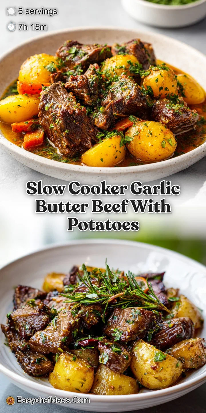 Close-up: glistening slow-cooked beef with browned edges and creamy potatoes. Rich garlic butter coats every surface, prom...