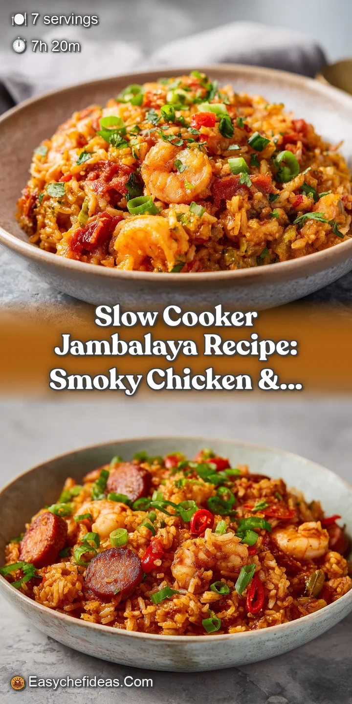Close-up of glistening jambalaya, highlighting the plump sausage, tender chicken, and colorful vegetables simmered in flav...