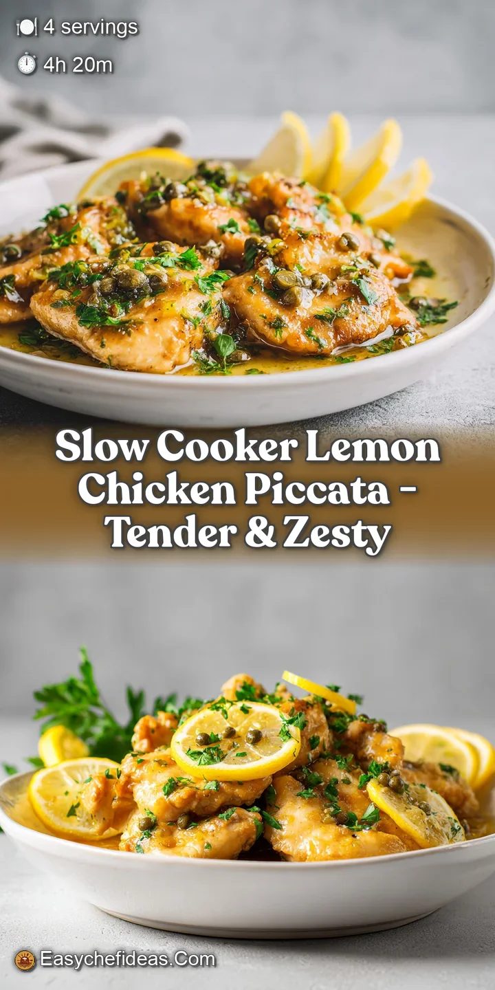 Close-up of juicy, fork-tender chicken bathed in a zesty lemon sauce with capers. The steam hints at its warm, comforting ...