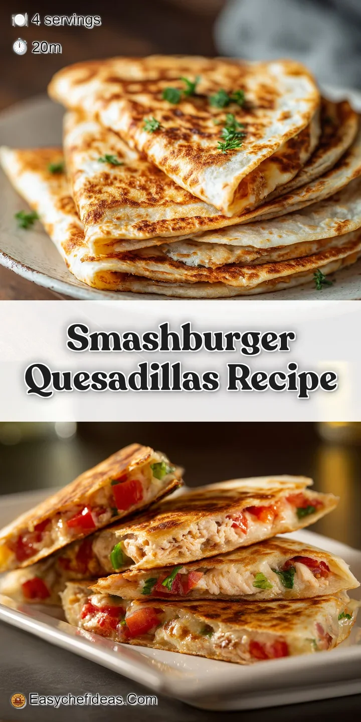 Close-up of a smashburger quesadilla; layers of melted cheese, browned beef, & crisp tortilla visible.