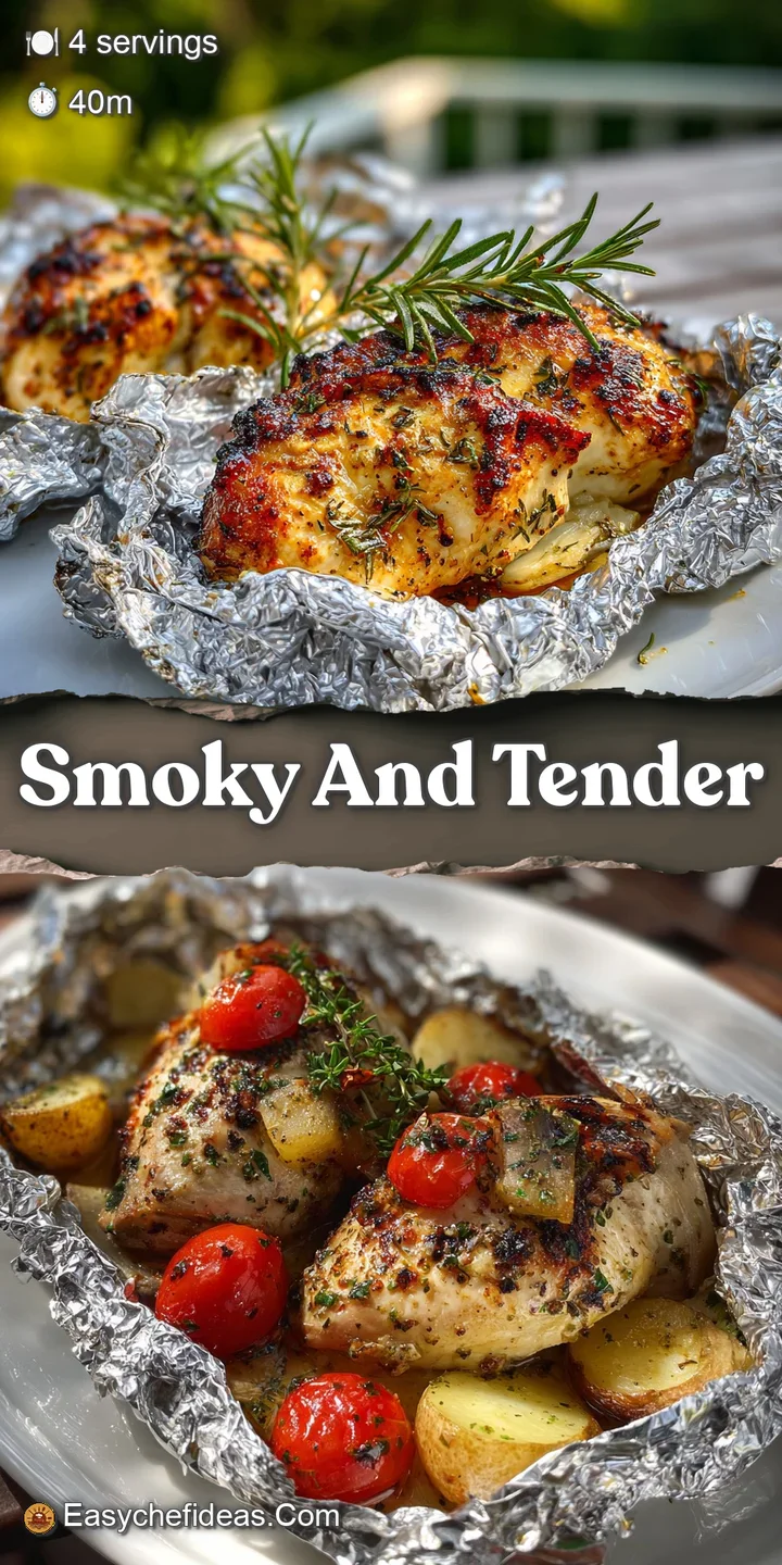 Close-up shot of a foil packet, showcasing tender chicken and glistening, perfectly cooked vegetables with herbs, showing ...