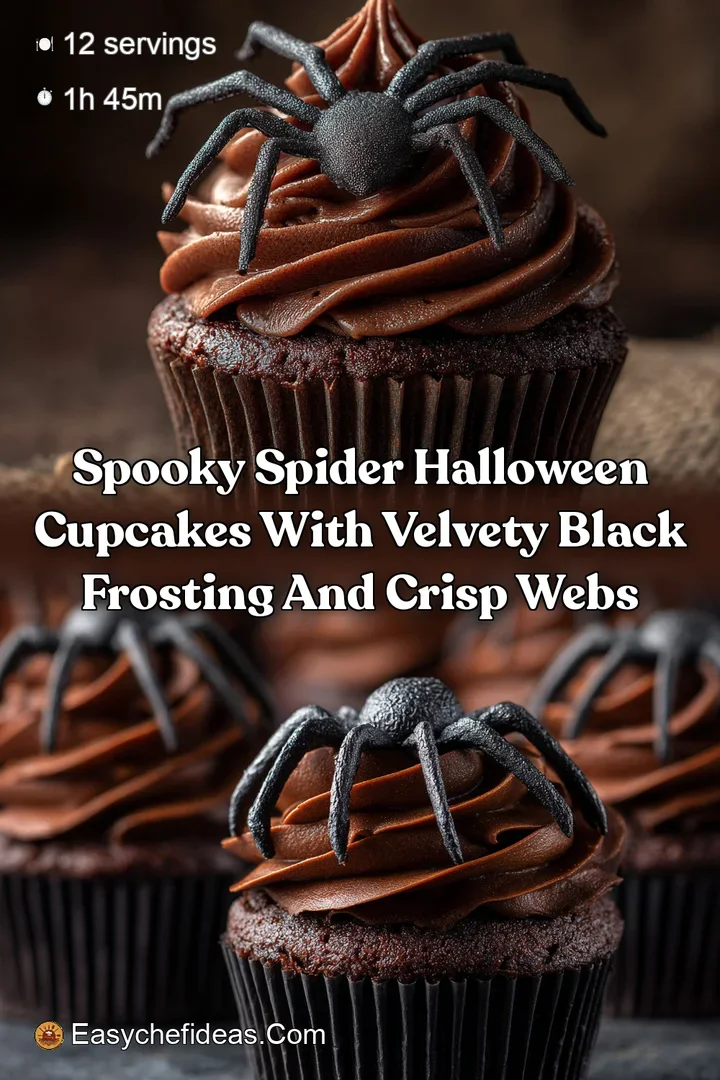 Spooky Spider Halloween Cupcakes with Velvety Black Frosting and Crisp Webs