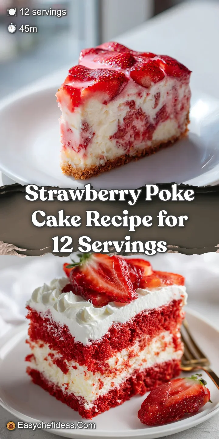 Close-up of strawberry poke cake reveals airy crumb, creamy topping seeping into holes, and glistening sliced strawberries.