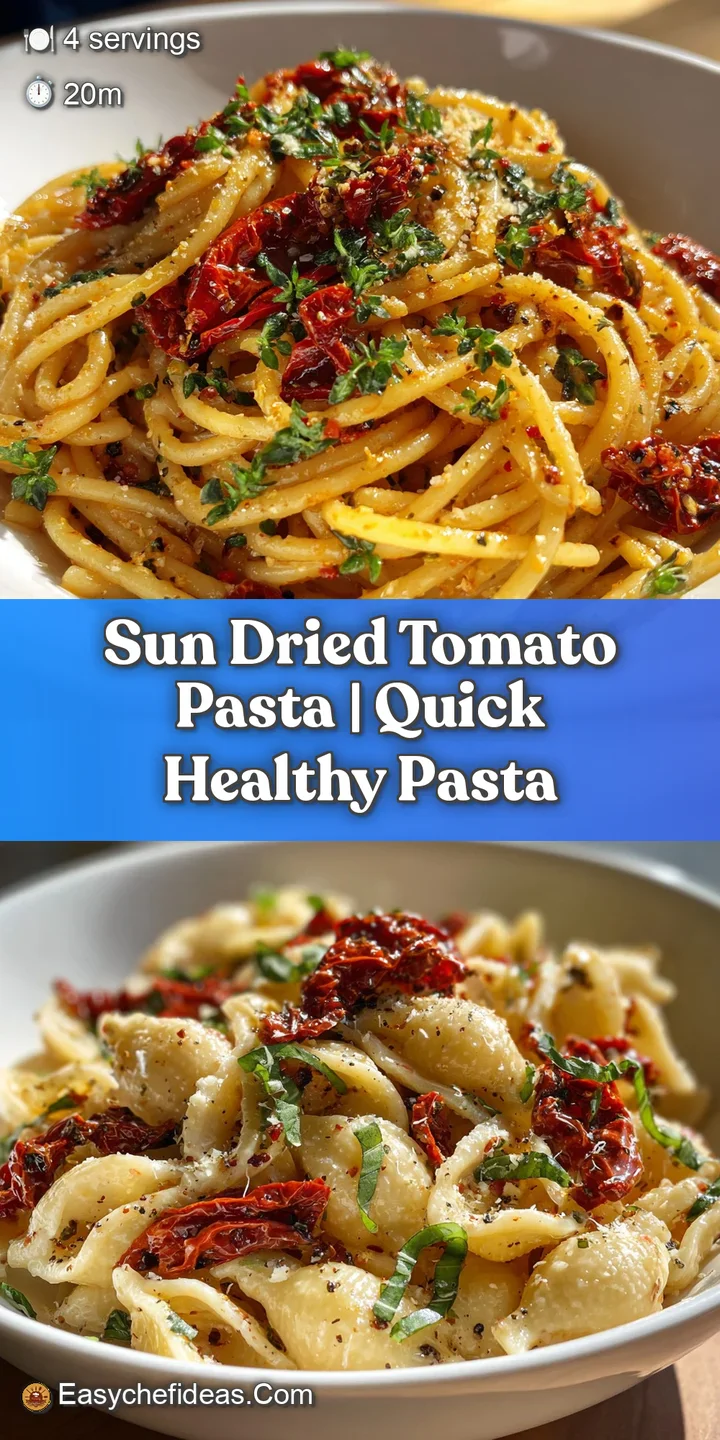 Close-up captures the rich colors and textures of the creamy pasta, dotted with bright red sun-dried tomatoes and fresh gr...