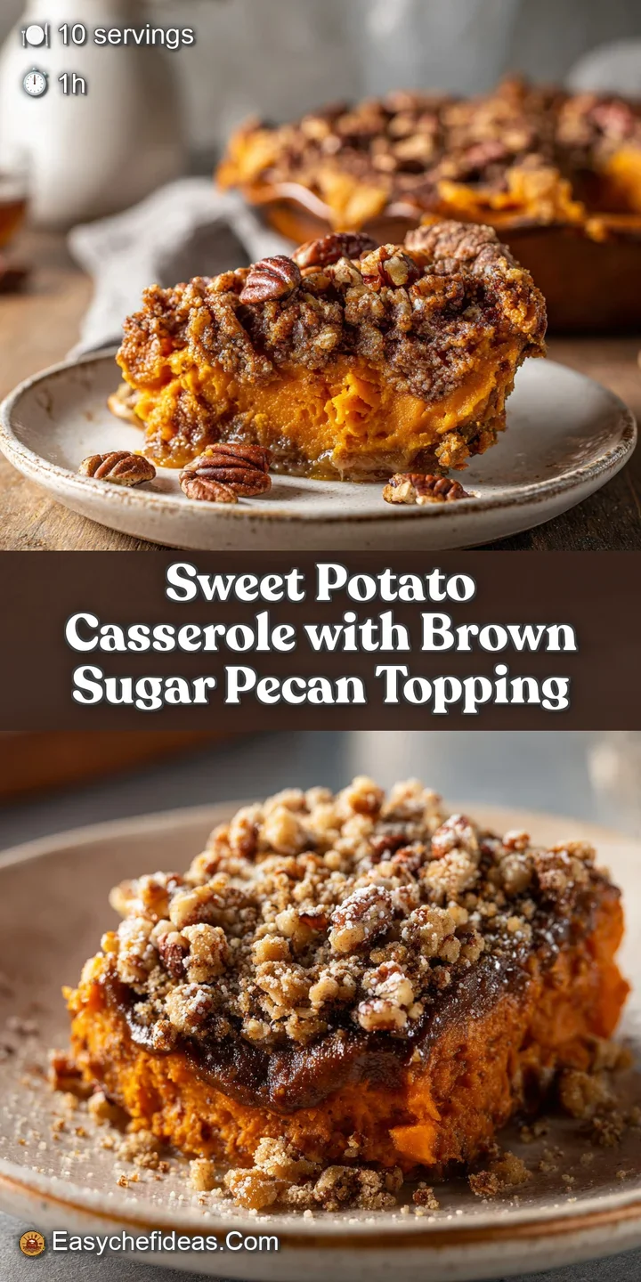 Close-up of a forkful of fluffy, orange sweet potato casserole with a glistening, nutty pecan crust.