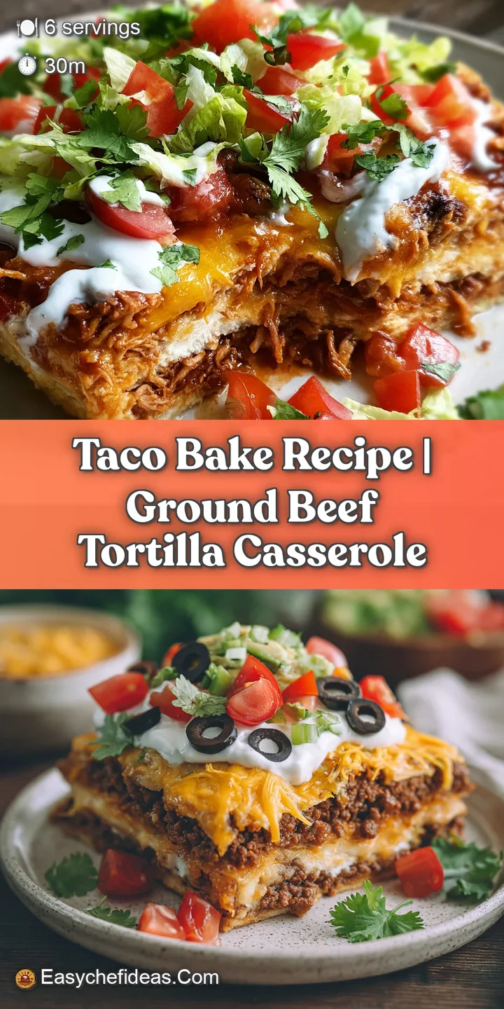 Close-up of the taco bake reveals textures: melted cheese, crisp tortilla edges, juicy beef, and bright pops of red tomato...