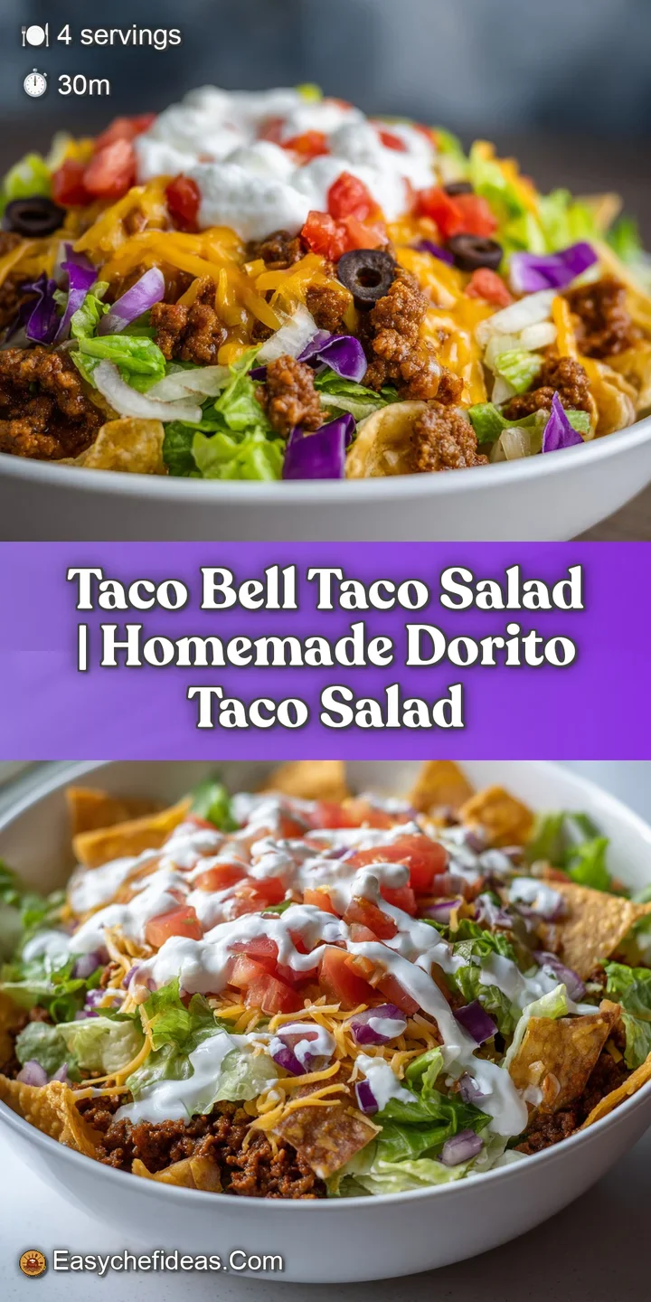 Close-up of taco salad showing textures: crumbly beef, melting cheese, crisp lettuce, all drizzled with creamy, cool sour ...