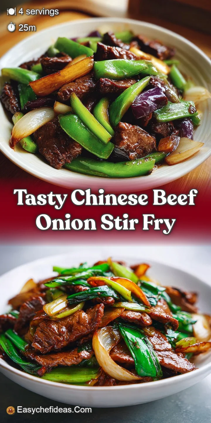 Close-up of tender beef strips and caramelized onions coated in a rich, savory sauce with fresh scallions offering bright ...