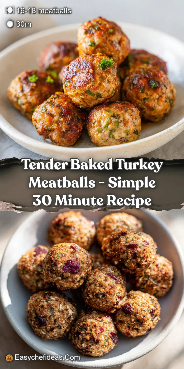 Close-up of savory baked turkey meatballs in rich tomato sauce. Notice the moist texture and flecks of herbs throughout th...