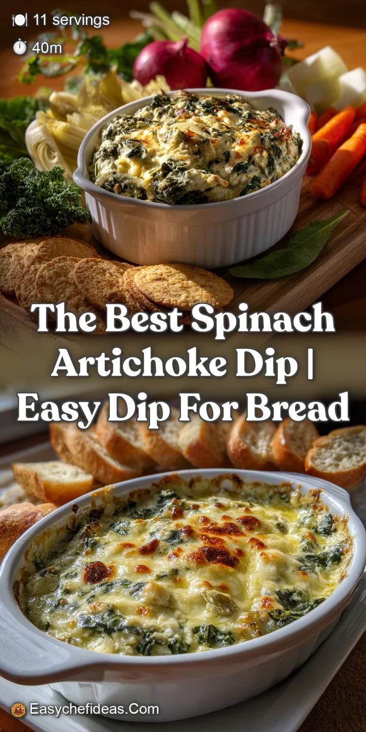 Close-up of a warm, cheesy spinach artichoke dip with visible chunks of artichoke, offering a tantalizing, creamy texture.