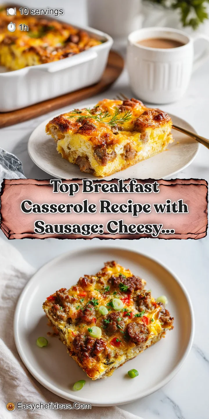 Close-up of a cheesy breakfast casserole revealing layers of savory sausage and bread, hints of steam rising to entice the...