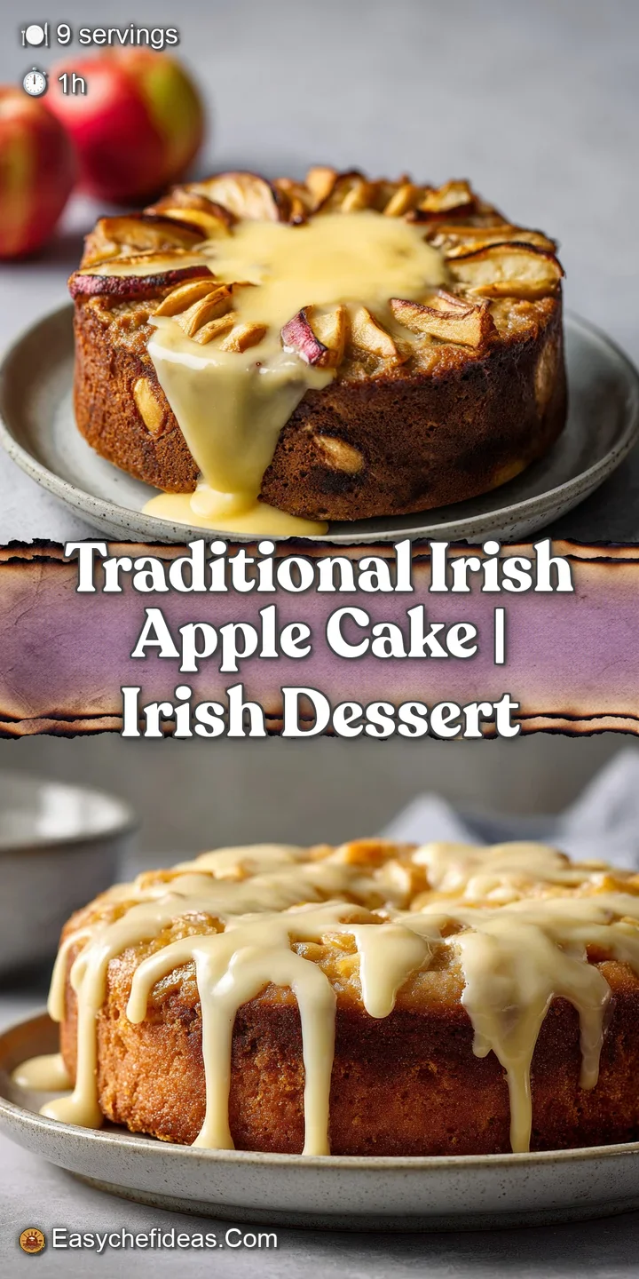 Close-up of Irish apple cake reveals tender apples within a soft, golden crumb; the sugar dusting catches the light inviti...
