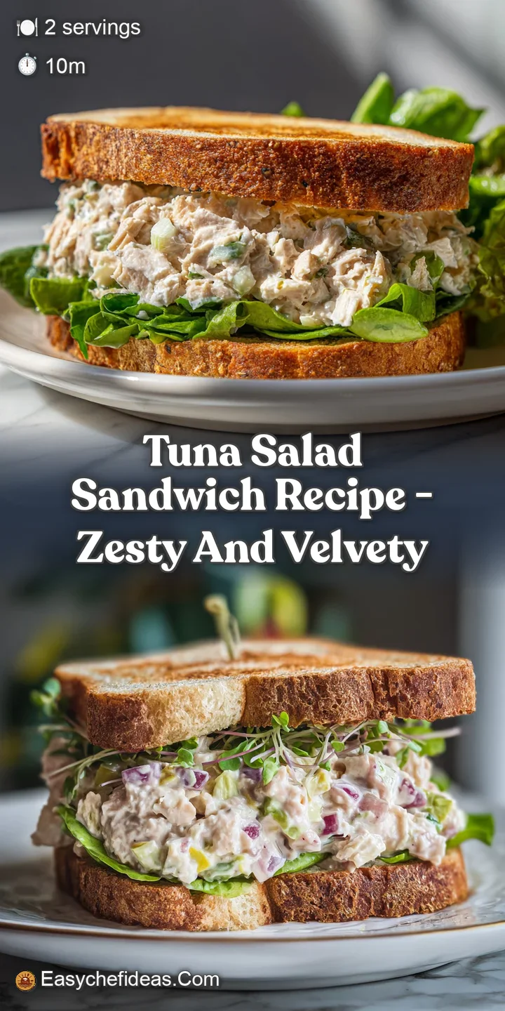 Close-up of a tuna salad sandwich with visible flakes of tuna, creamy mayonnaise, and vibrant green celery and onion pieces.