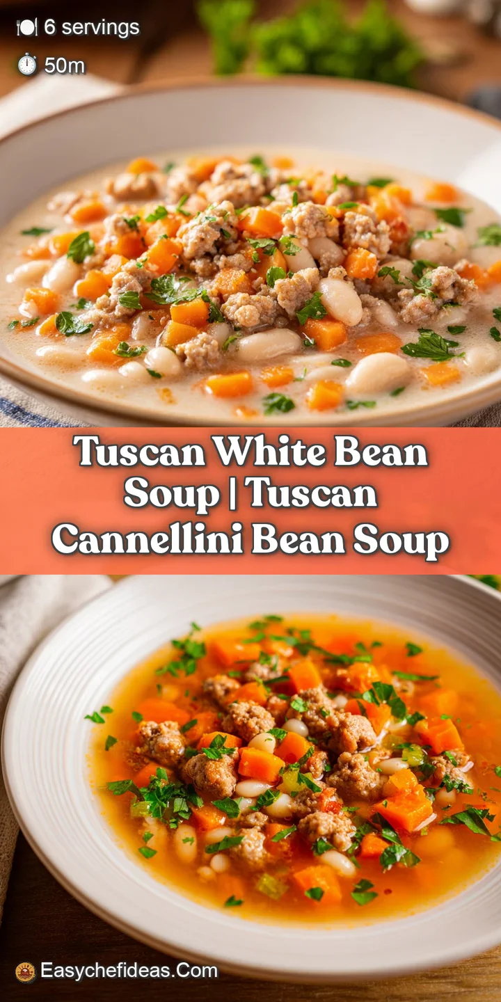 Close-up of tender white beans and juicy sausage chunks glistening in a rich broth with a sprig of fresh parsley.