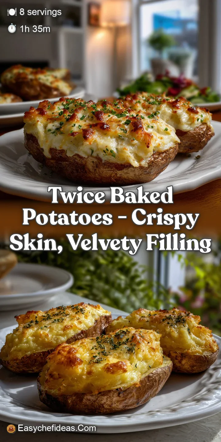 Close-up of a twice-baked potato, showcasing the molten, cheesy filling that spills forth. The potato skin is wonderfully ...