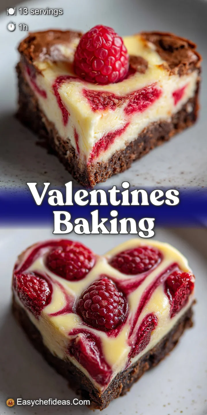 Close-up of a heart brownie, highlighting the fudgy texture, swirls of raspberry, and creamy cheesecake with slight golden...