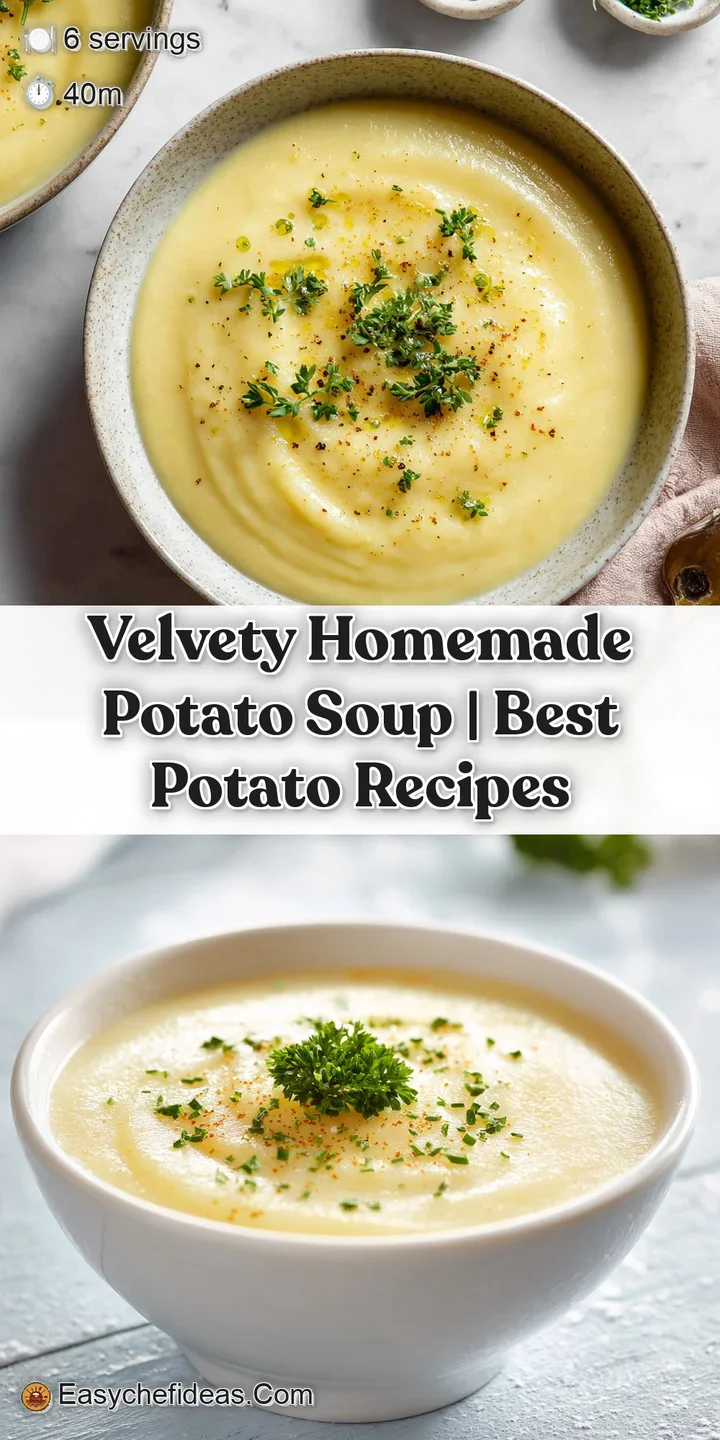 Thick, steaming potato soup with visible creamy texture, garnished with a sprig of dill.