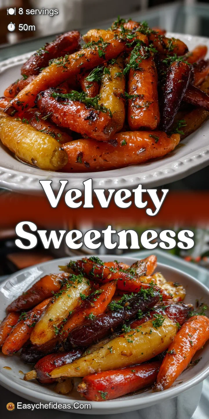 Close-up shot of honey-glazed carrots, their surfaces glistening with a sticky sheen. Fluffy herbs dot the scene with a fr...