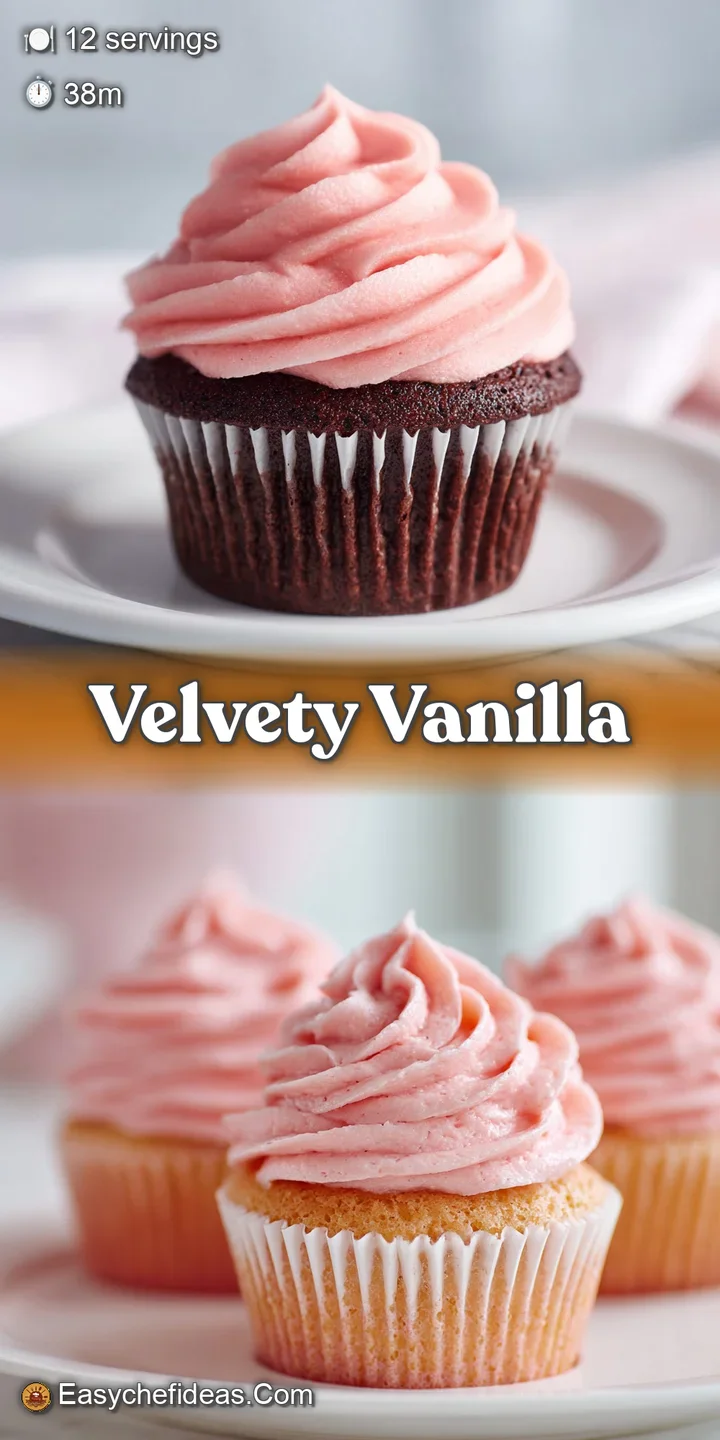 Close-up of a fluffy cupcake topped with luscious, smooth pink frosting and scattered, colorful heart-shaped sprinkles.