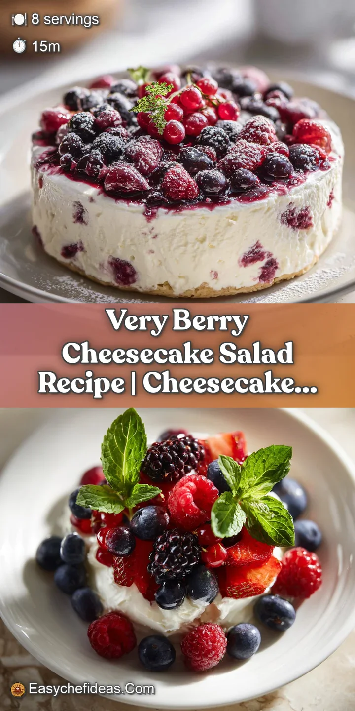 Close-up shot of a creamy berry salad overflowing with blueberries, raspberries, and chunks of cheesecake. Looks cold and ...