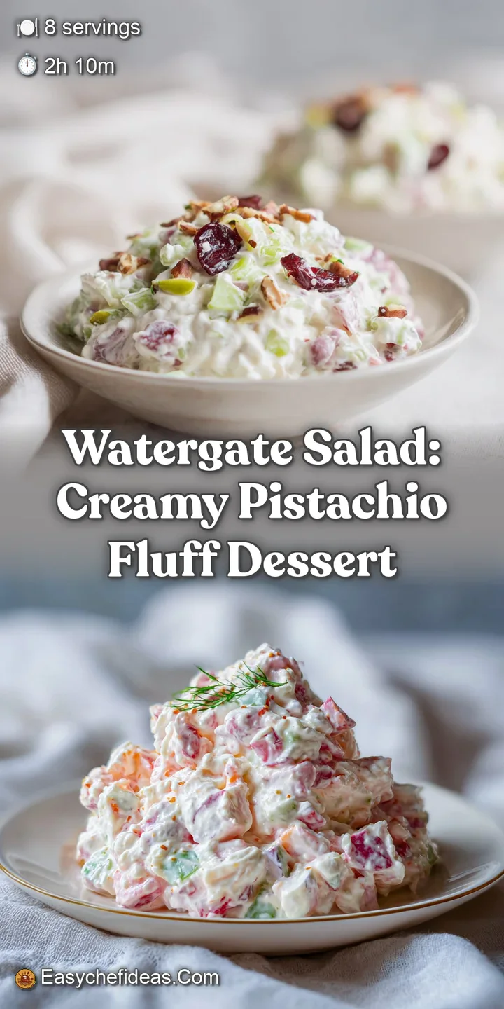 Close-up of Watergate Salad. Creamy, light green dessert with visible pineapple, nuts, and mini marshmallows. Soft and inv...