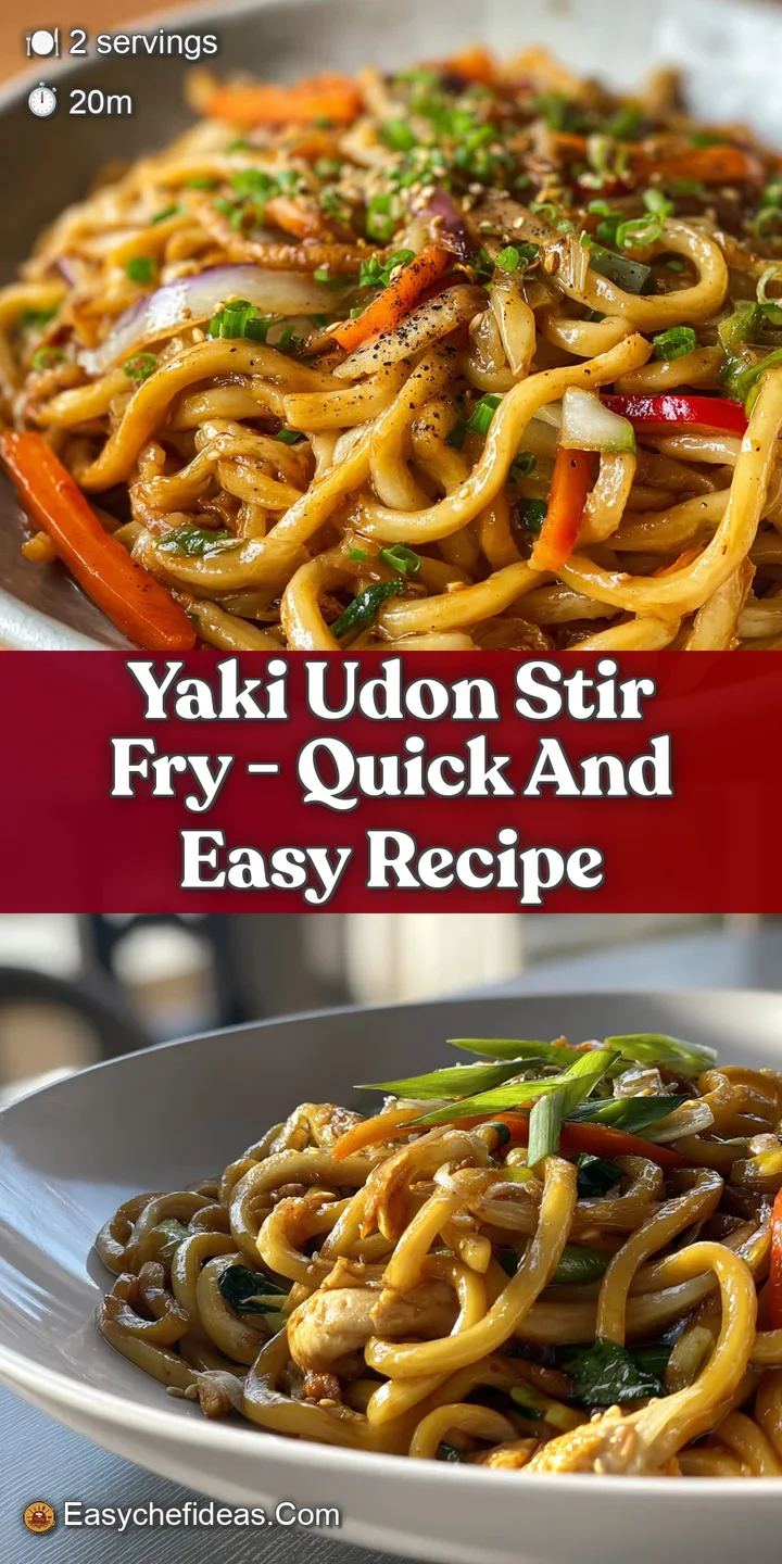 Close-up showcases the delectable sheen of yaki udon noodles, peppered with bits of pork and vibrant peppers. Steam rises ...